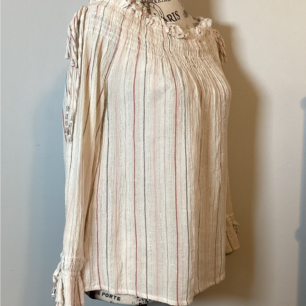 BOHO OFF THE SHOULDER FRINGED LONG SLEEVE LINEN COLOR COTTON LOVE SAM TOP SZ S
